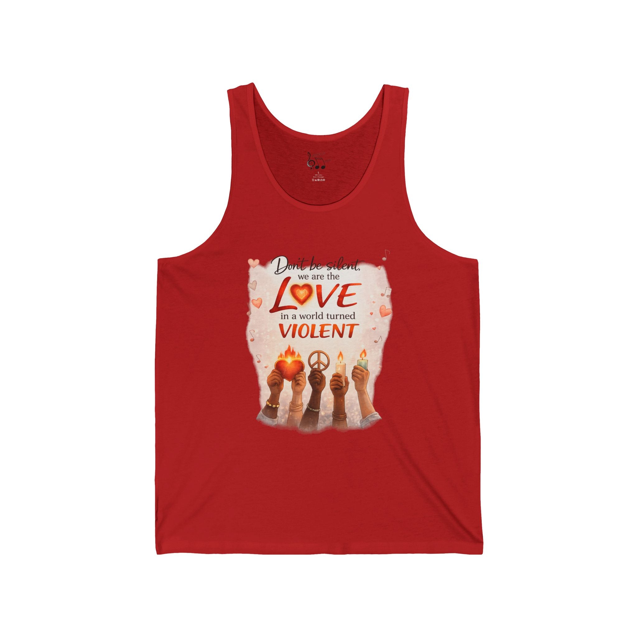 Love Means Never Being Violent Tank Top — Peaceful Guitar Cat Illustration