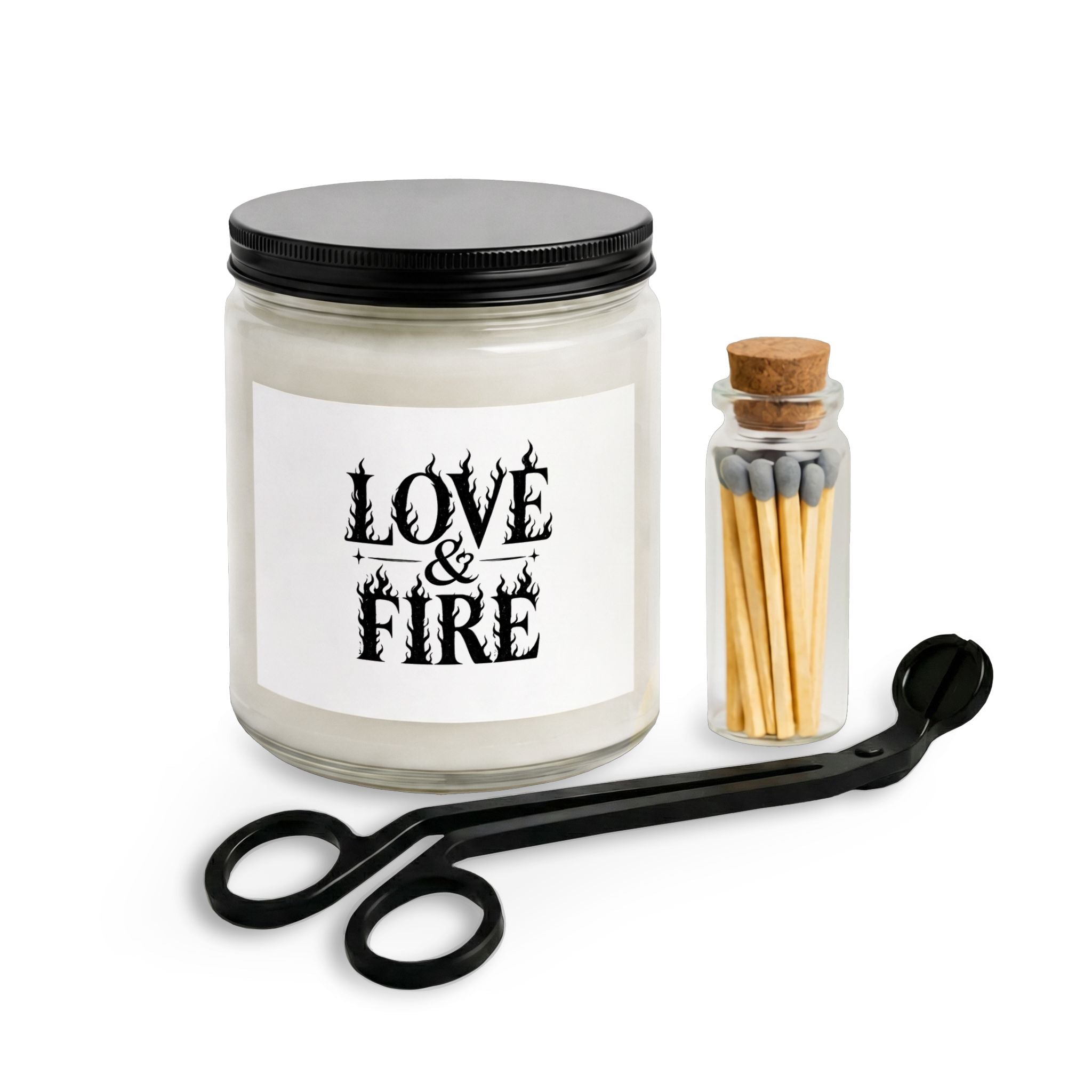 Love & Fire Candle Set — Scented Jar Candle with Matches & Wick Trimmer
