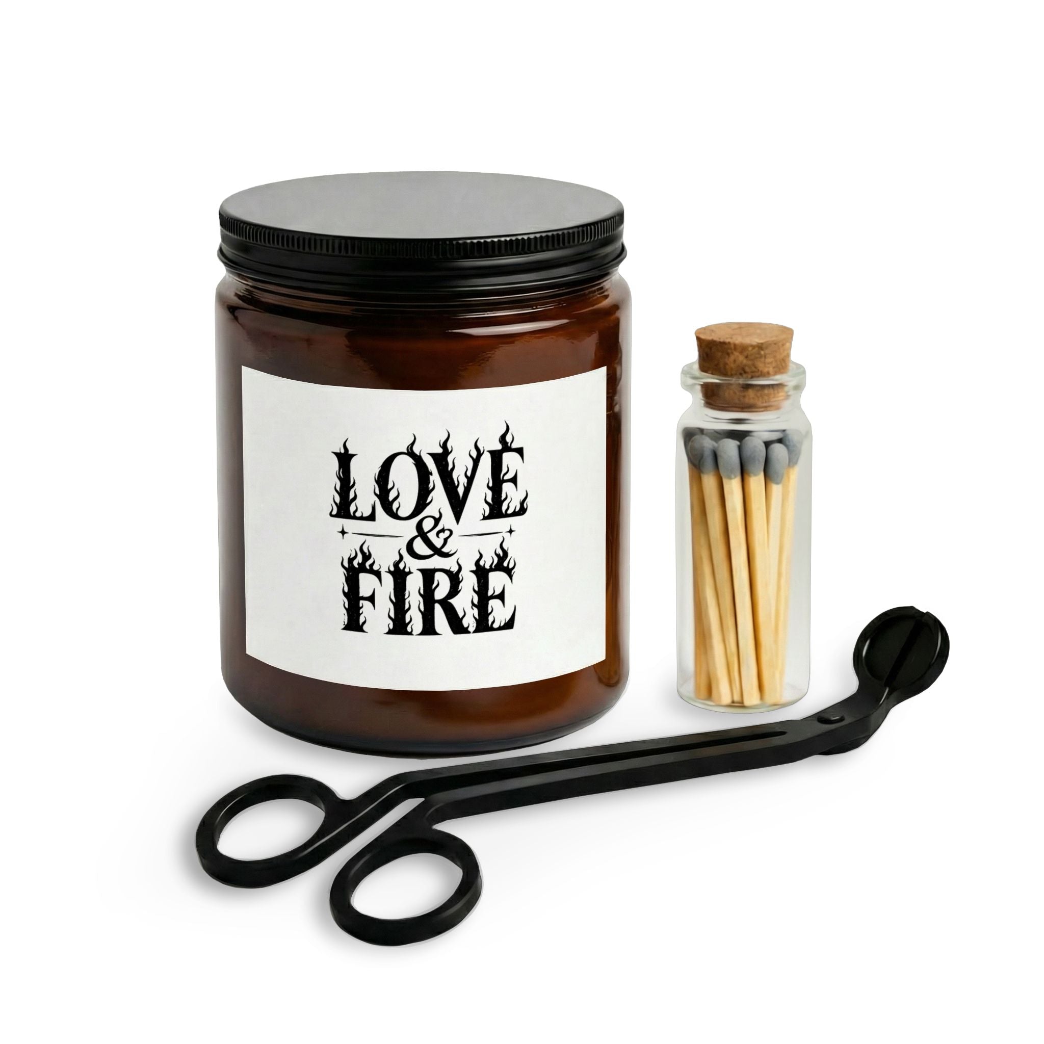 Love & Fire Candle Set — Scented Jar Candle with Matches & Wick Trimmer