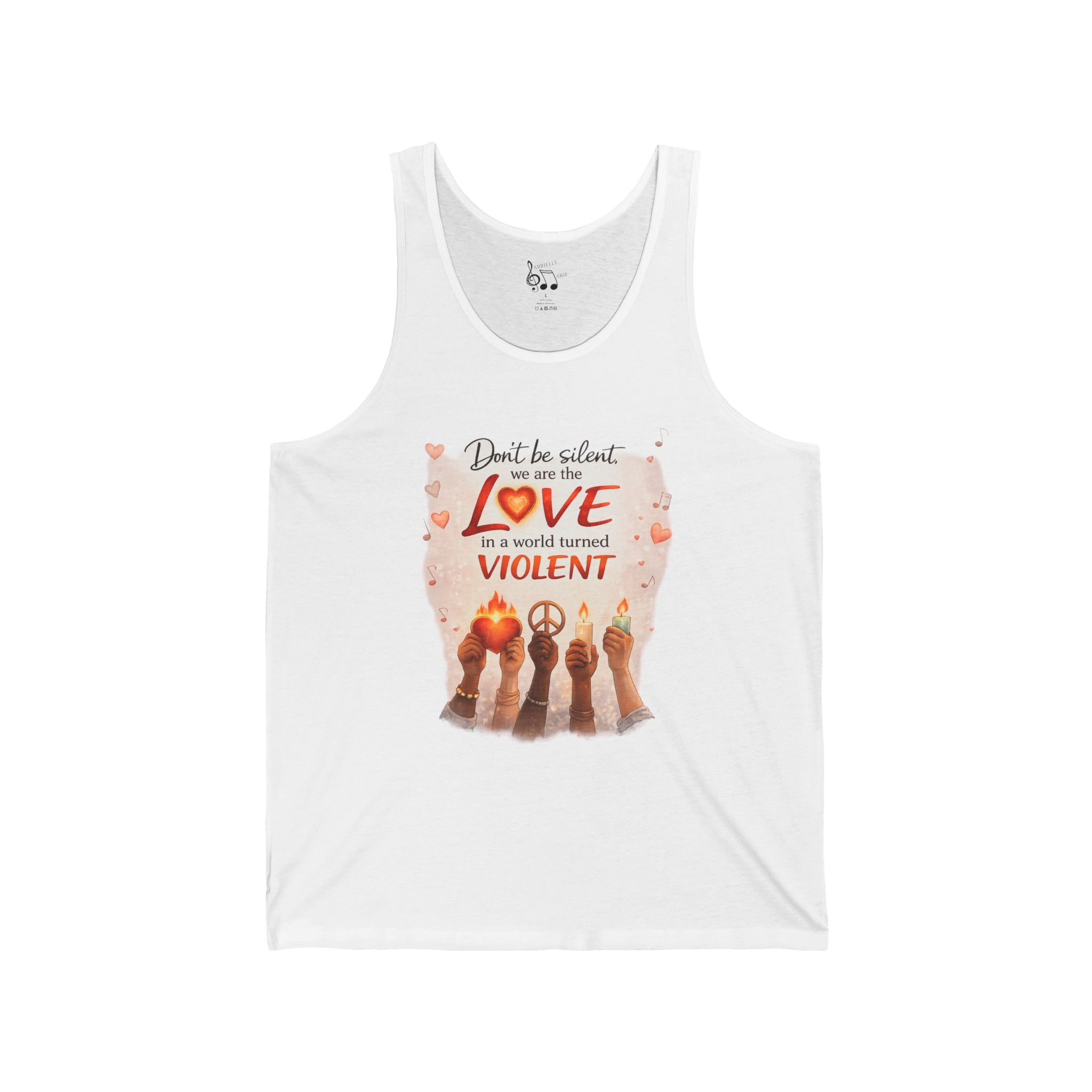 Love Means Never Being Violent Tank Top — Peaceful Guitar Cat Illustration
