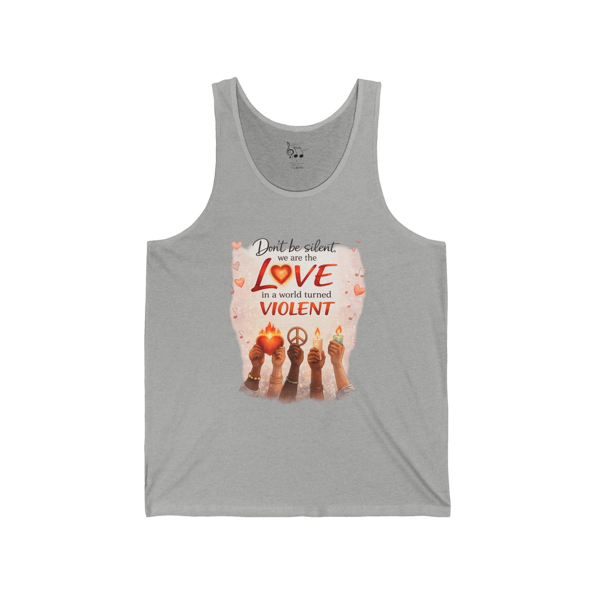 Love Means Never Being Violent Tank Top — Peaceful Guitar Cat Illustration