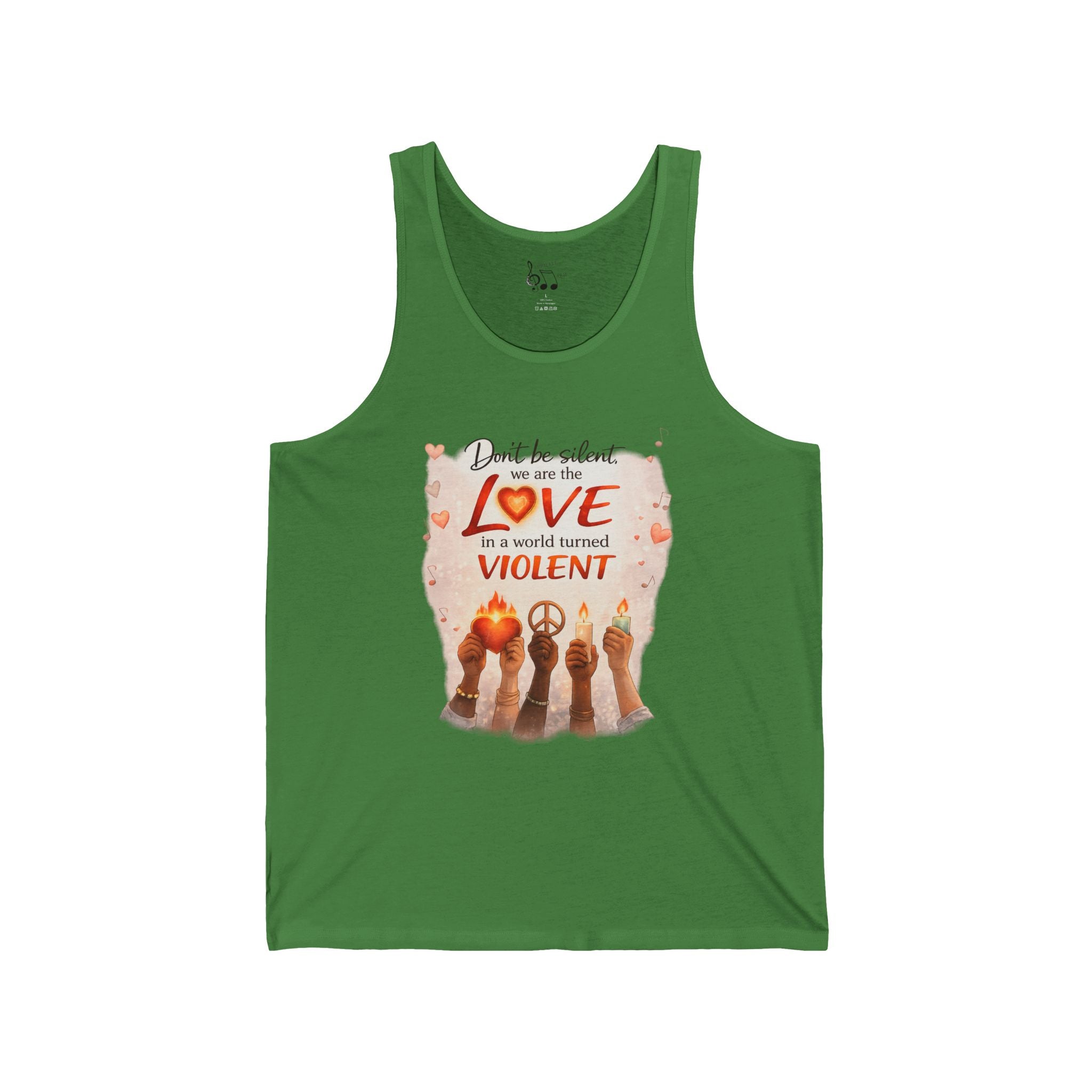 Love Means Never Being Violent Tank Top — Peaceful Guitar Cat Illustration